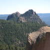 Slabbo formation in the foreground.  Raleigh Peak directly behind it; Ragnarok is the left (east) summit, Boulder Pile is the right (west) summit.