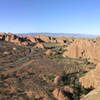 Looking toward the Devil's Garden from the notch.<br>
<br>
Dark Angel is the solitary, thin spire on the far left.