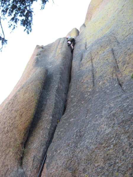 This is the line visible from below.  It is a lot wider than it looks from the belay.  