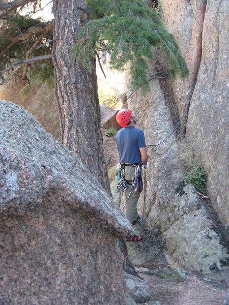 Tree belay at the bottom of the crack.