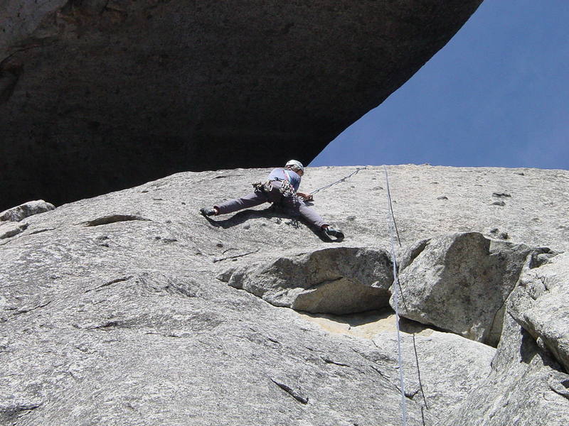 Climbing the knobs on the steep lower part of the slab.