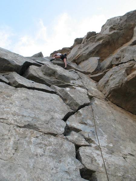 Dave near the top and mid-crux on Shattered Dreams (5.10c), Riverside Quarry