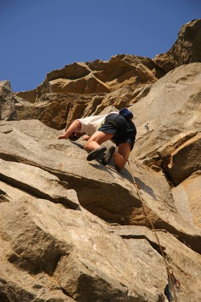 Midway through the crux moves on Shattered Dreams, 5.10c.