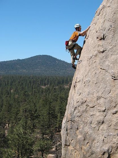 High above the treetops on Pistol Pete (5.10a), Holcomb Valley Pinnacles