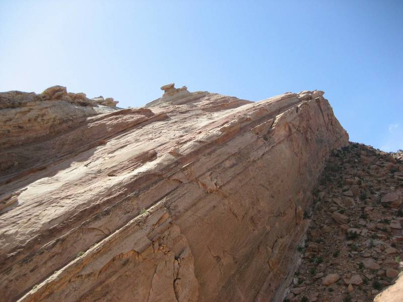 Looking across the canyon to the slim ramps of the route "The Day of Atonement"