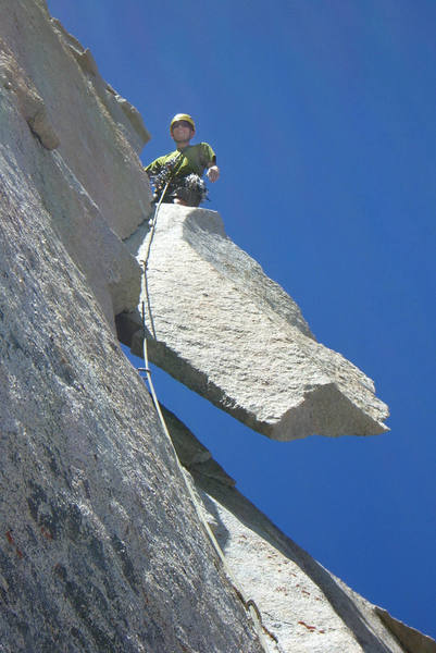 Atop the huge, scary-looking-but-solid flake with great 10a fingers on pitch 4 (pitch 5 if you do the direct start like we did.) 