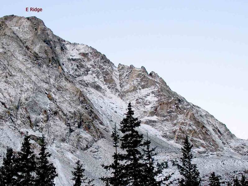 Arete from near trailhead. From distance, ridge is pretty continuous up to E Ridge