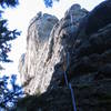 Base of climb with rope running up arete