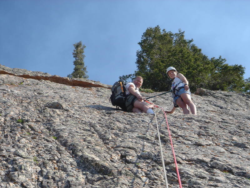 Les and Laura Ellison descending from the top of the 5th pitch.