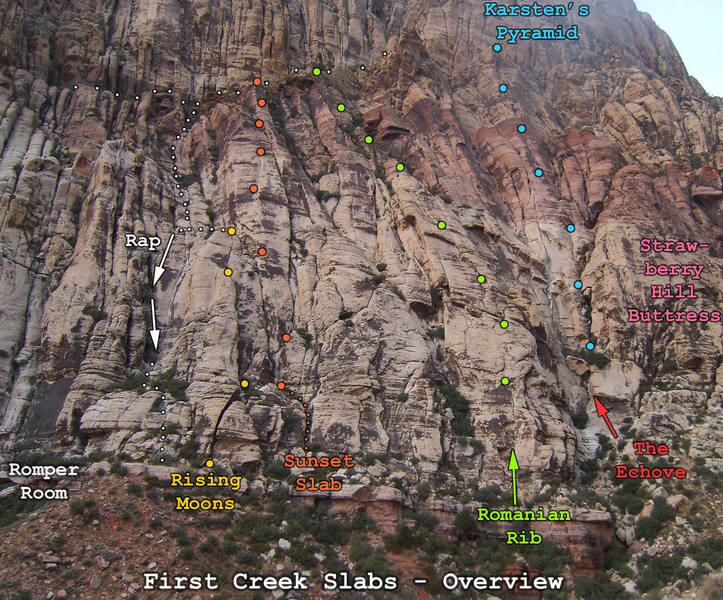 Overview of the First Creek Slabs, showing some of the key landmarks and routes.