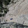 Looking down from the summit at Dan Hare & Mark Tarrant on Bihedral Arete 2nd pitch.