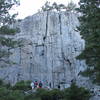 Ninety Foot Wall (Left).  The prominent crack on the left is Strontium 90. Vintage 85 is to the far right.  The climber is on Rip-Off.