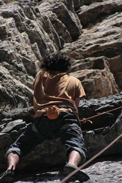 Rocky Maloney on the layback move under the roof Photo: Tosh Peters