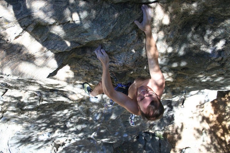 Fred Knapp wanted a photo of me on Shine for the upcoming guidebook. This is one of the out-takes. Here I am just past the crux. Photo copyright Fred Knapp 2007
