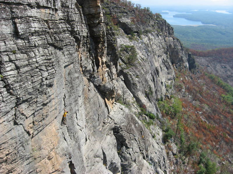 A view down Shortoff with climbers on Straight and Narrow.