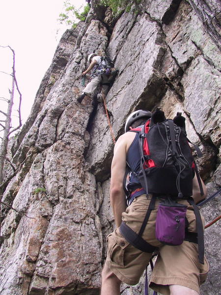 Andy Welter leads the second pitch of Ecstasy Junior, Dave Ruel belays. 