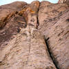 Andrew at pitch 5 belay with wide cracks stretching above.