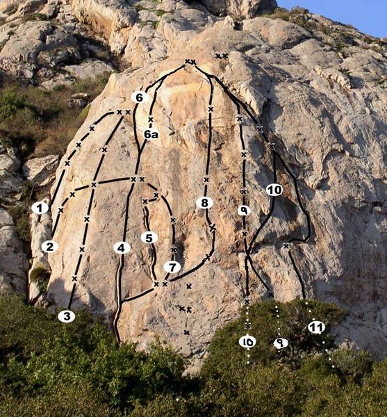 Revised photo of P Wall.  Note the added bolts and unused anchors below Jump For Joy and atop the flake (this was once a natural belay). Also note that the toprope anchors high on P Wall Direct/Hanging Teeth have been removed.<br>
<br>
I have also corrected Route Canal and Hanging Teeth.<br>
<br>
1 - Stage Fright (5.10a), 2 - Indecent Exposure (5.7), 3 - Out of Hangers (5.10a(R)), 4 - Impacted Stool Crack (5.9(R)), 5 - P-Crack (5.8), 6 & 6a - Letterman (5.6), 7 - Black Streak (5.10a(R)), 8 - Jump for Joy (5.9(R)), 9 - Route Canal (5.10b), 10 - Hanging Teeth (5.8(R)), 11 - P-Wall Direct (5.8(R)). 