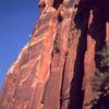 Peter Spindloe a long way up Wigglin' Worm, but with a long way to go. Joseffa Meir Belays. Photo by Tony Bubb, 2002.