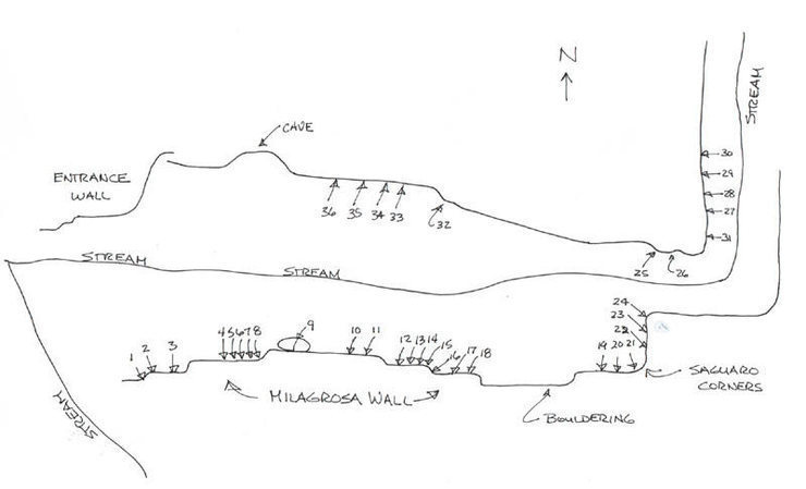 Names are in the comments or at http://www.climbaz.com/climbs/milagrosa.html<br>
There are more routes than the topo has so if you know what they are post them