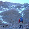 Ben Williams on his way to the base of the Trough, 6-2-2007. The water ice steps can be seen near the bottom of the route.