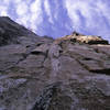 On the belay at the top of Pitch 1. Photo: Darin Limvere.