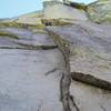 Looking up from the base at a party at the first belay.