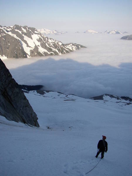 Descending the Queen Sabe Glacier in the morning. Jo-burg is the hill across the valley. 