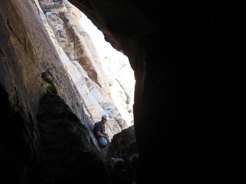 Looking back out of the tunnel at the top of the fourth pitch