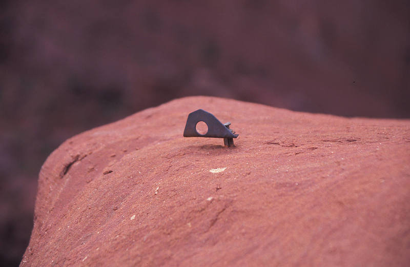 Not all fixed gear in the Fishers is to be trusted!<br>
<br>
We found this 40 year old relic at top of the 7th pitch on the Oracle. <br>
<br>
This bolt (and many like it) was placed by the FA team of Harvey Carter and Steve Kentz and is only 1" or 1.5" long. Makes you appreciate the big fatties that the ASCA has installed on some of the trade routes eh?