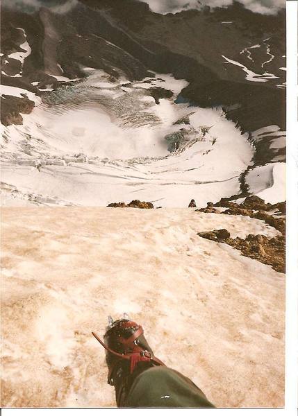 Near the top of Cooper Spur in mid July 1984.  the conditions were very, very firm.