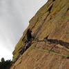 Christopher Perkins on Fourth pitch traverse of Rewritten.  Taken by Tristan Paddock.