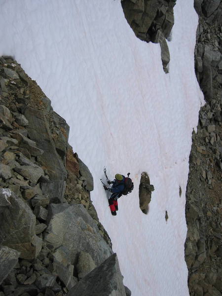 Crossing the Australian Couloir.  It's short but steep.  The picture makes it look a bit steeper than it is.  Photo by Ted.  August 2007.