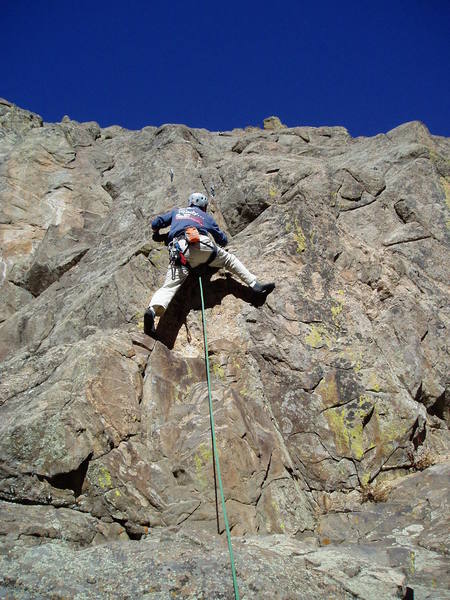 There are two moves on this climb. This is the first. Getting to here is a little dicey. The climbing is easy, but the rock is very suspect.