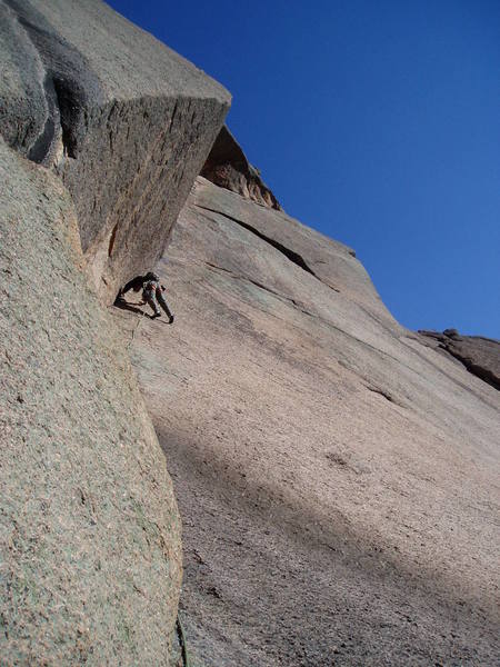 P2 is really low angle, but lots of fun. Run it out if you want, and get gear whenever you want. There's a good belay at two bolts after 100' with a big diagonal crack for your feet. Photo by Luke Clarke.