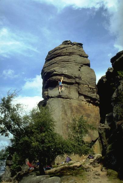 Climber on Valkyrie (5.9+), Froggatt Pinnacle.