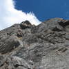 The right finish (recommended) takes this steep wall (5.6) on pitch 12.