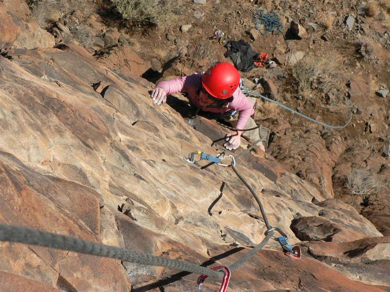 Pulling the ledgy face moves (and trailing  George's heavy 11mm rope!) near the top of Blind Faith. 