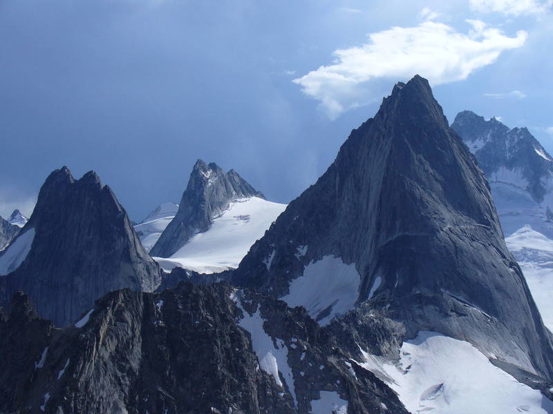 Snowpatch, Crescent, Pigeon, and Bugaboo spires, and the North Howser Tower as seen from the summit of Brenta spire. 