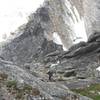 Rappelling the Buckingham route, near the halfway point of the route. The Bugaboo-Snowpatch col is visible in the upper half of the photo - the Upper Vowell glacier is on the left, the Bugaboo glacier on the right.