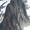 View of the Buckingham Route on Snowpatch Spire (photo taken from the Kain Route on Bugaboo). The red line shows the approximate location of the route.