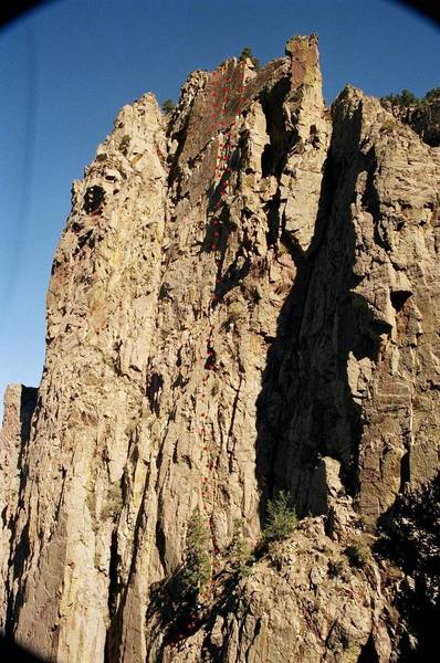 An attempt at marking the route Second Coming.  1st pitch - mostly not shown; 2nd pitch - one variation shown and top belay can be rope-length dependent; 3rd pitch - rough approximation; 4th pitch - take your pick!