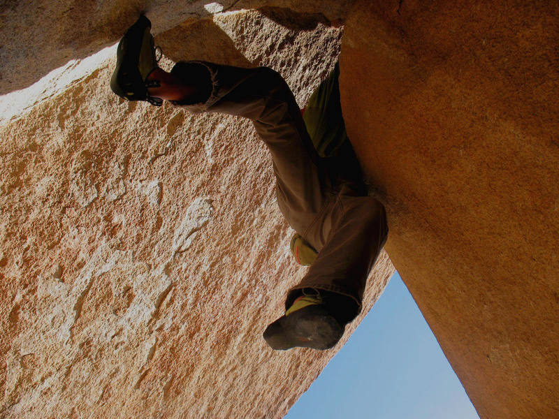 Kevin heading for the light on Fist Full of Walnuts (V3), Joshua Tree NP