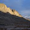 The steep west face of Fremont Peak.  A few routes ascend these tall buttresses and faces.  To the left and in the foreground is Mt. Sacagawea.