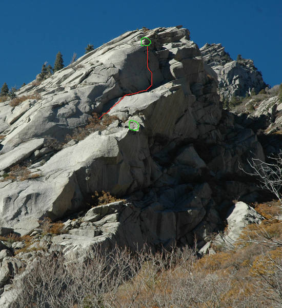 The Flakes approximated with rappel stations circled.  very approximated because I can't remember if you take the first or second traversing crack. sorry, its been a few years but when you stand at the bottom its clear which to do.