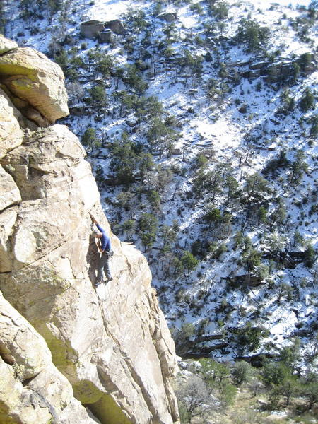 Jim Scott climbing on 12/15/07.  Elevation 5700ft. High temp. 53 degrees in Tucson.  Climbed all day but had to dodge a bit of ice now and then.  That is 6 inches of snow on the north facing side of the canyon.  