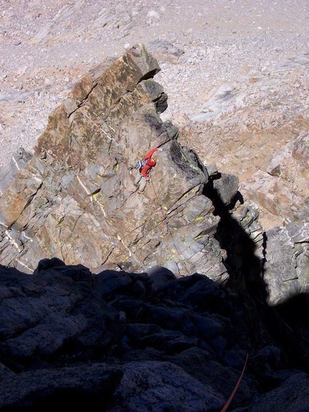 Exposed traversing on the lower half of the route - July 2007<br>
<br>
Photo (c) by Pavel Kovar