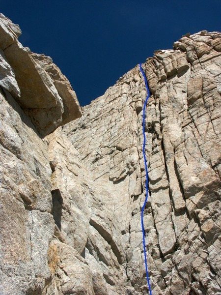 Looking up the new variation of the East Buttress route from its base. One-two pitches of crack and chimney climbing (5.7) lead to the top of the 1st tower - July 24, 2004