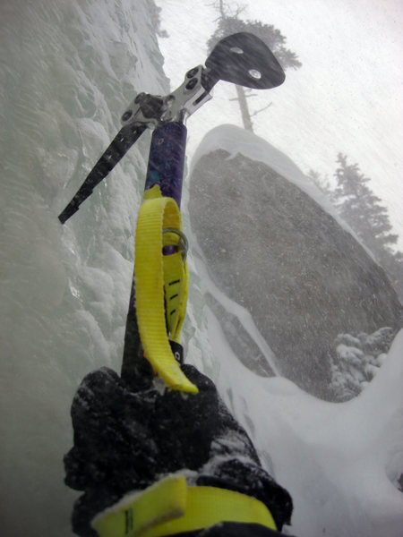 Action shots are not so interesting when you are the only one on location, but It was a great place to be alone in the blizzard, 12/30.2007, 30 years after first climbing here with Ralph Baldwin and Tim Hogan, December, 1977.