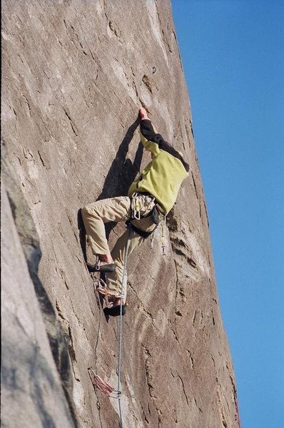 Doug approaching the business.  A brief but difficult sequence gets you past the bolt to a large jug.  This involves some interesting heel hooking, at least for me.